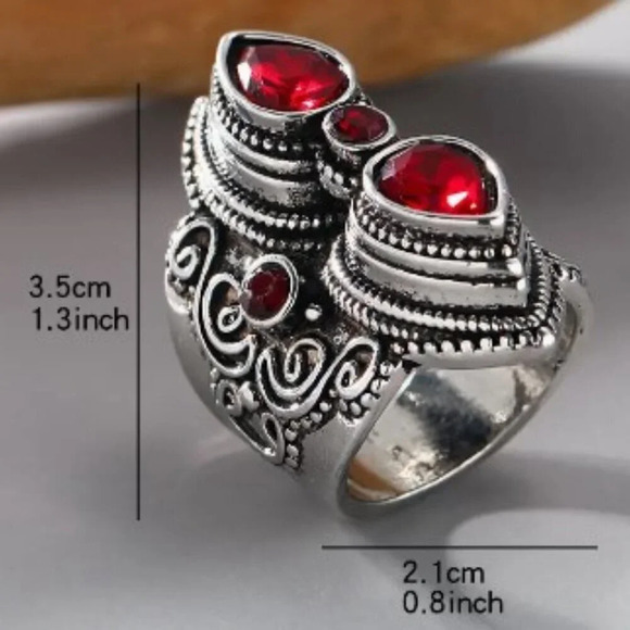 Unisex Ring Bohemian Ring Inlaid Red Cubic Zirconia Antique Engraving - Picture 3 of 6